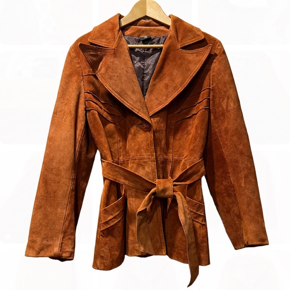 Vintage Suede Leather Jacket Burnt Orange Belted Suede Coat Size Medium 13/14 - Picture 8 of 17